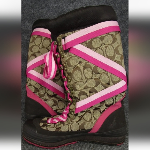 Coach Marian Signature Logo Khaki Rare Pink Trim Lace-Up Mid-Calf Snow Boot 9M - Picture 4 of 16